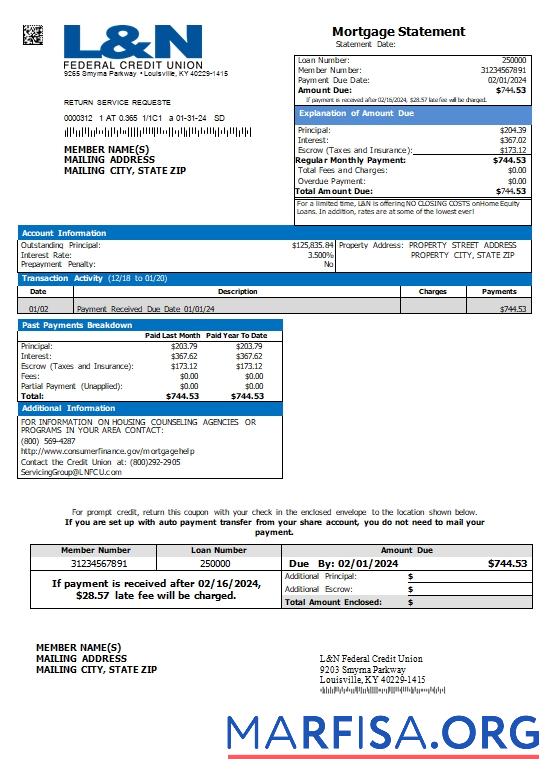 Printable USA Kentucky L&N Federal Credit Union mortgage statement scr example